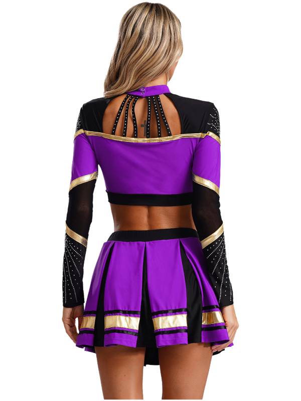 Women 2pcs Cheerleading Outfit Long Sleeve Sequins Crop Top and Pleated Skirt thumb