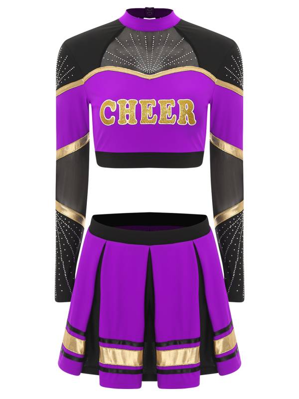 Women 2pcs Cheerleading Outfit Long Sleeve Sequins Crop Top and Pleated Skirt thumb