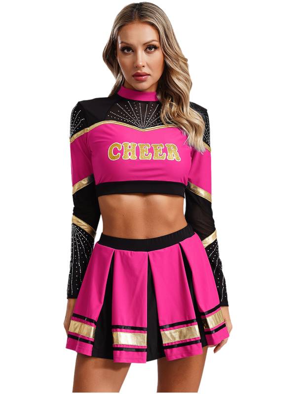 Women 2pcs Cheerleading Outfit Long Sleeve Sequins Crop Top and Pleated Skirt thumb
