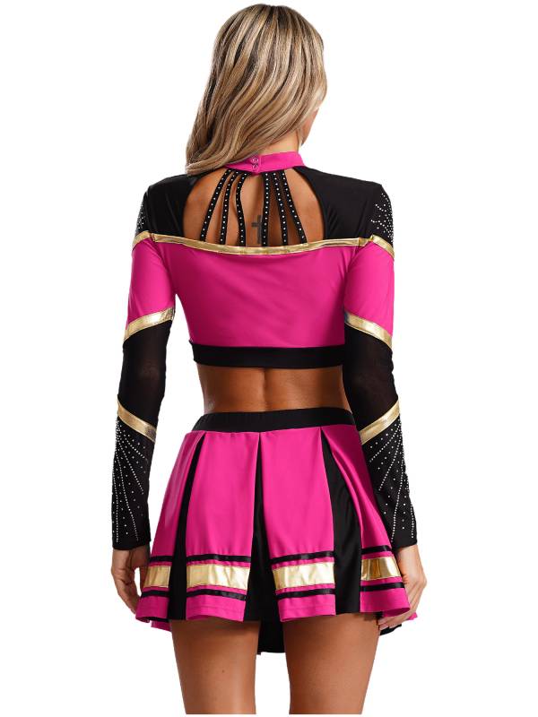 Women 2pcs Cheerleading Outfit Long Sleeve Sequins Crop Top and Pleated Skirt thumb