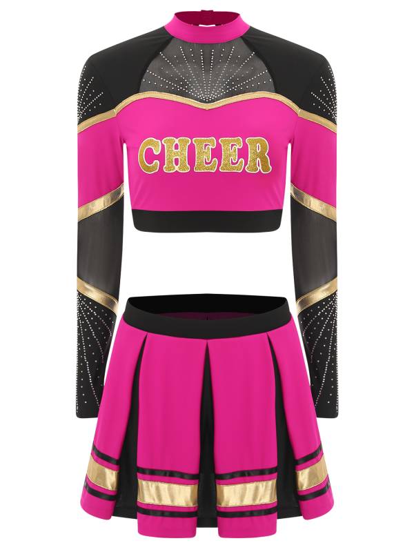 Women 2pcs Cheerleading Outfit Long Sleeve Sequins Crop Top and Pleated Skirt thumb