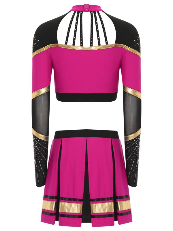 Women 2pcs Cheerleading Outfit Long Sleeve Sequins Crop Top and Pleated Skirt thumb