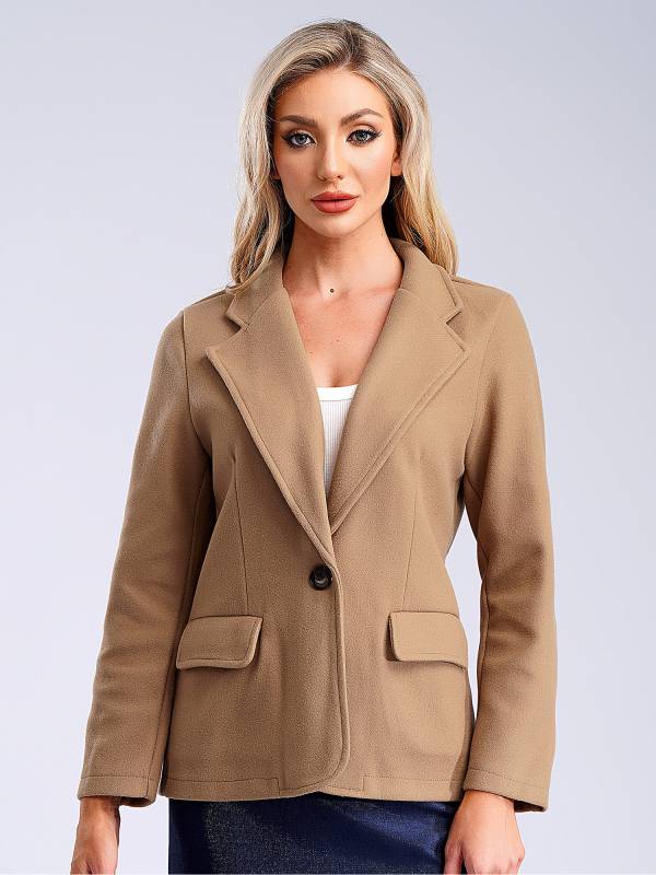 Women Solid Color Long Sleeve Lapel Woolen Button-up Blazer thumb