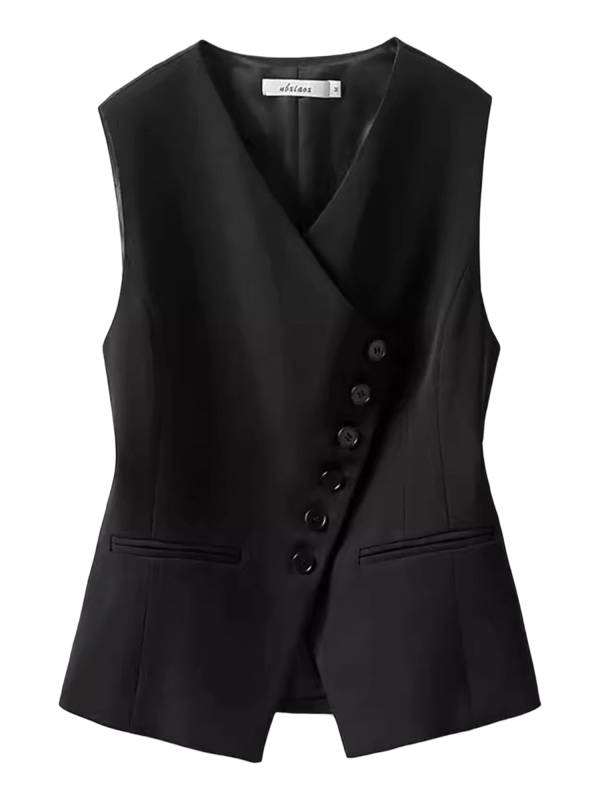 Women V-neck Sleeveless Button-down Solid Color Office Vest thumb
