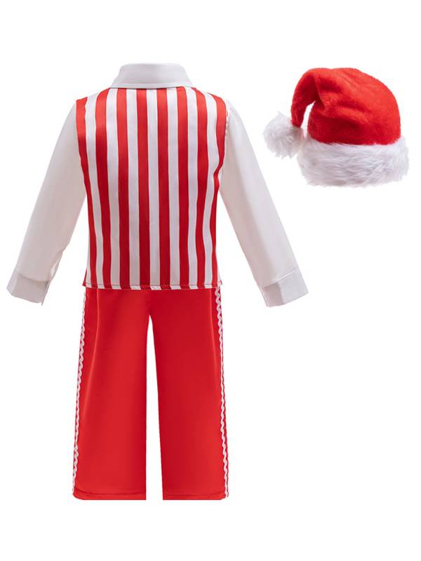 Toddler Boys Christmas Long Sleeve Shirt Striped Vest and Pants with Hat Suit thumb
