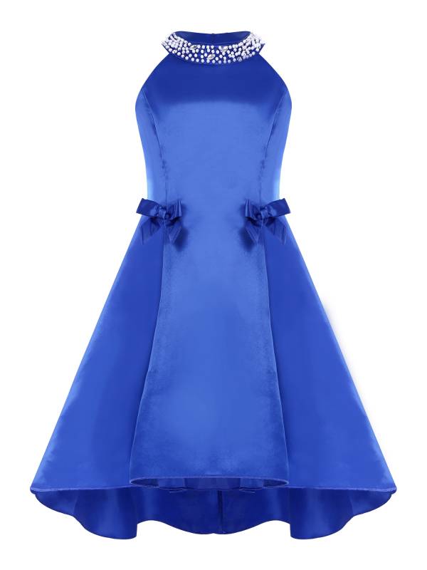 Girls sleeveless Halter Neck Bowknot Beaded Flower Knee Length Party Dress thumb
