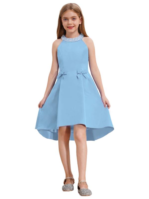 Girls sleeveless Halter Neck Bowknot Beaded Flower Knee Length Party Dress thumb