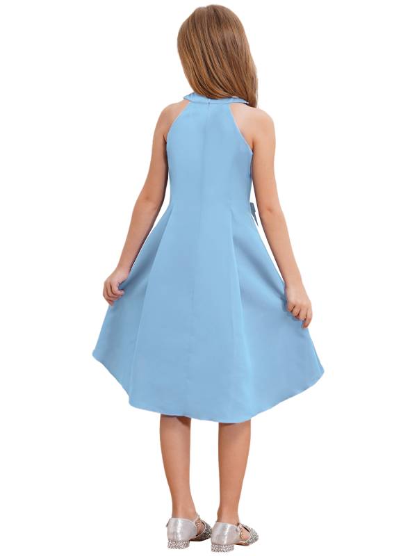 Girls sleeveless Halter Neck Bowknot Beaded Flower Knee Length Party Dress thumb