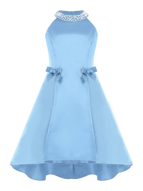 Girls sleeveless Halter Neck Bowknot Beaded Flower Knee Length Party Dress thumb