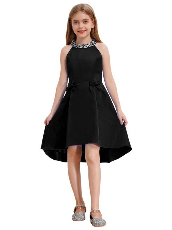 Girls sleeveless Halter Neck Bowknot Beaded Flower Knee Length Party Dress thumb