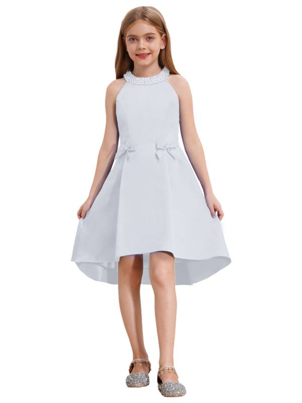 Girls sleeveless Halter Neck Bowknot Beaded Flower Knee Length Party Dress thumb