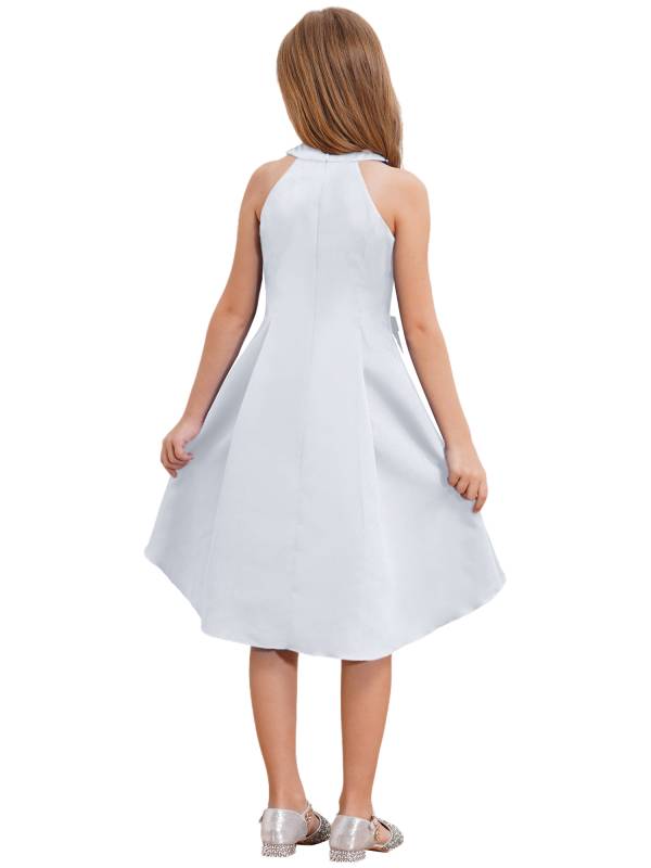 Girls sleeveless Halter Neck Bowknot Beaded Flower Knee Length Party Dress thumb