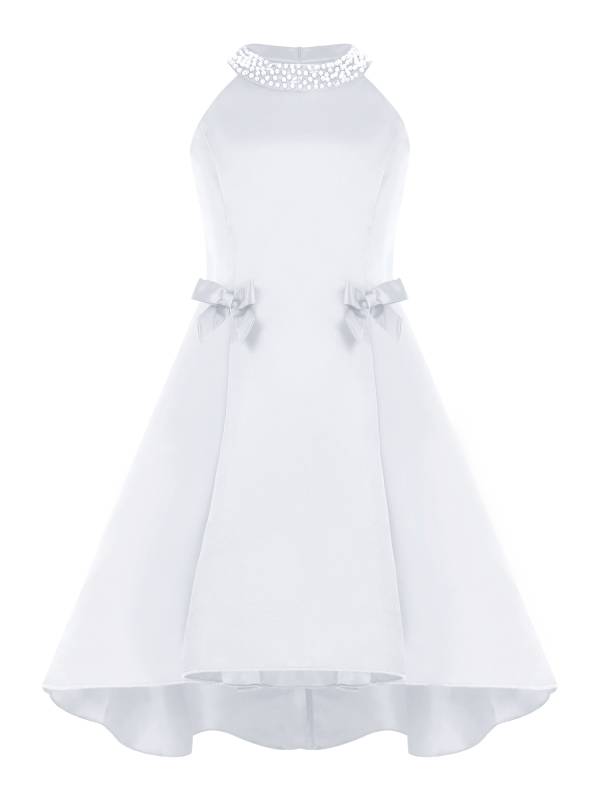 Girls sleeveless Halter Neck Bowknot Beaded Flower Knee Length Party Dress thumb