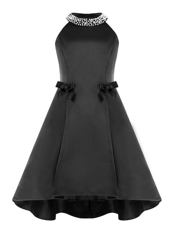 Girls sleeveless Halter Neck Bowknot Beaded Flower Knee Length Party Dress thumb