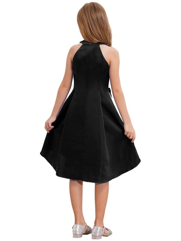 Girls sleeveless Halter Neck Bowknot Beaded Flower Knee Length Party Dress thumb