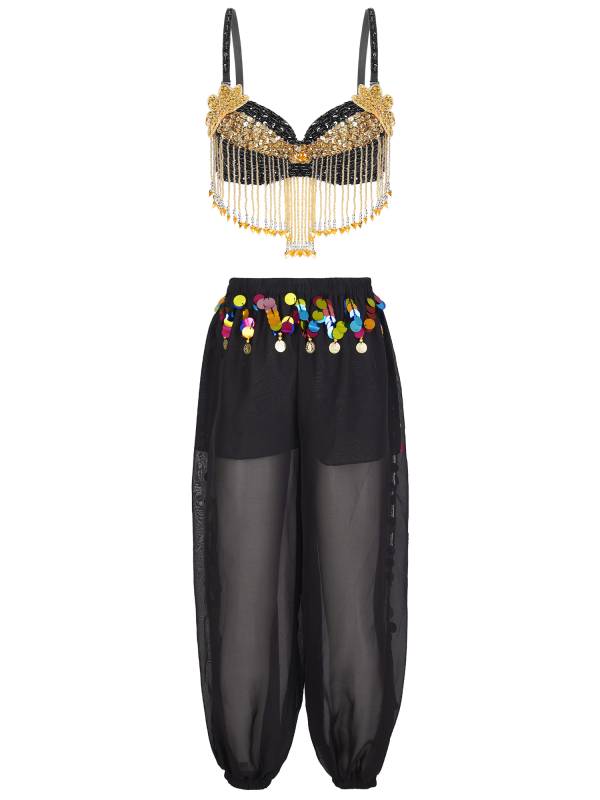 Women 2pcs Sequins Beaded Tassels Bra and Side Split Pants Belly Dance Set thumb