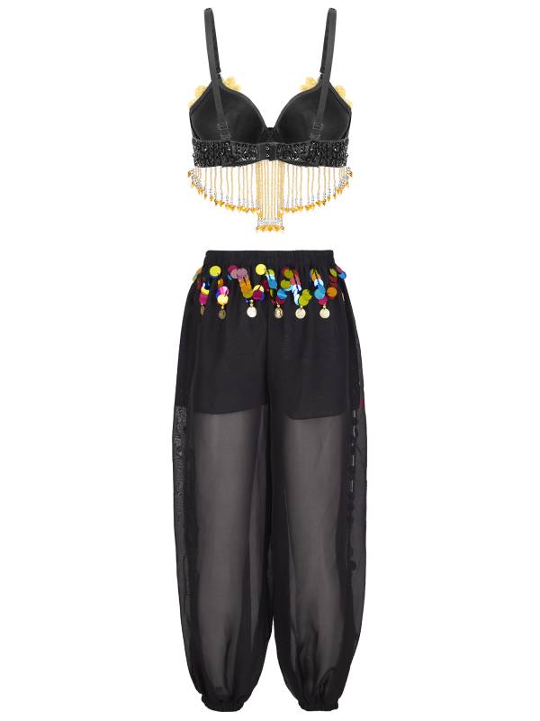 Women 2pcs Sequins Beaded Tassels Bra and Side Split Pants Belly Dance Set thumb
