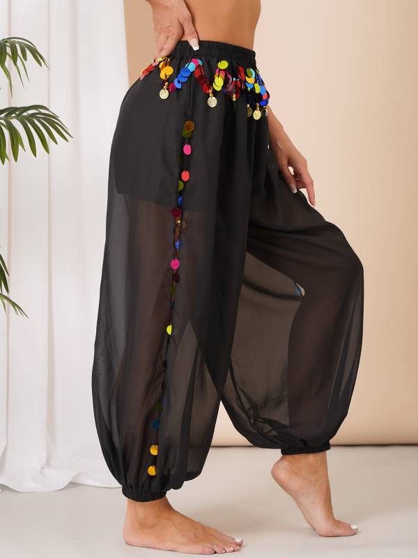 Women 2pcs Sequins Beaded Tassels Bra and Side Split Pants Belly Dance Set thumb