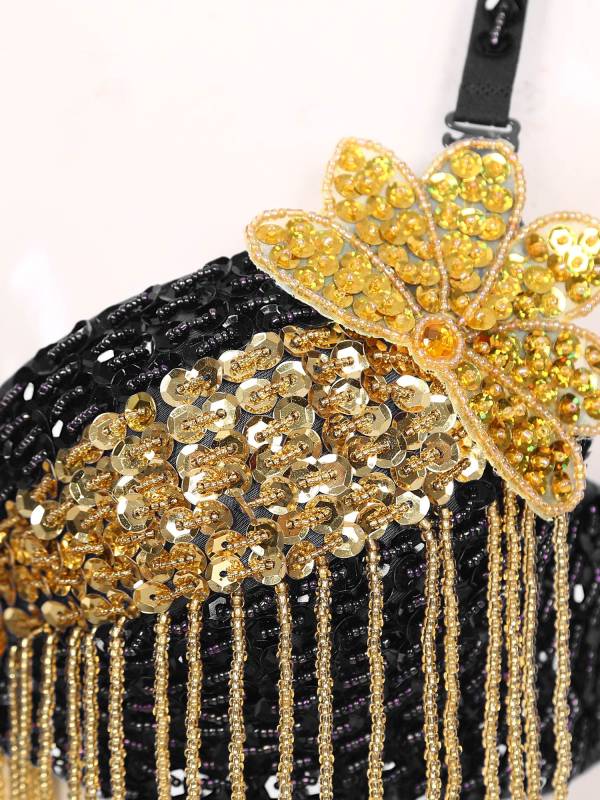 Women 2pcs Sequins Beaded Tassels Bra and Side Split Pants Belly Dance Set thumb