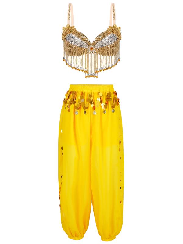 Women 2pcs Sequins Beaded Tassels Bra and Side Split Pants Belly Dance Set thumb