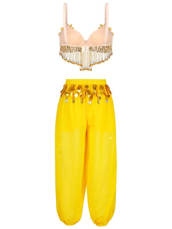 Women 2pcs Sequins Beaded Tassels Bra and Side Split Pants Belly Dance Set thumb