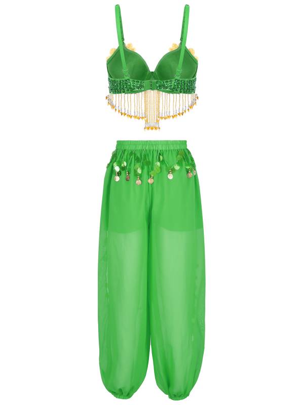 Women 2pcs Sequins Beaded Tassels Bra and Side Split Pants Belly Dance Set thumb