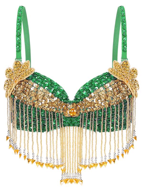 Women 2pcs Sequins Beaded Tassels Bra and Side Split Pants Belly Dance Set thumb