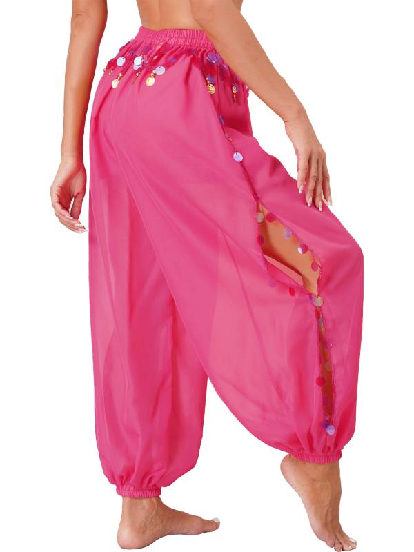 Women 2pcs Sequins Beaded Tassels Bra and Side Split Pants Belly Dance Set thumb