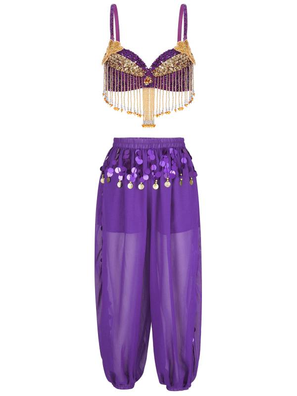 Women 2pcs Sequins Beaded Tassels Bra and Side Split Pants Belly Dance Set thumb