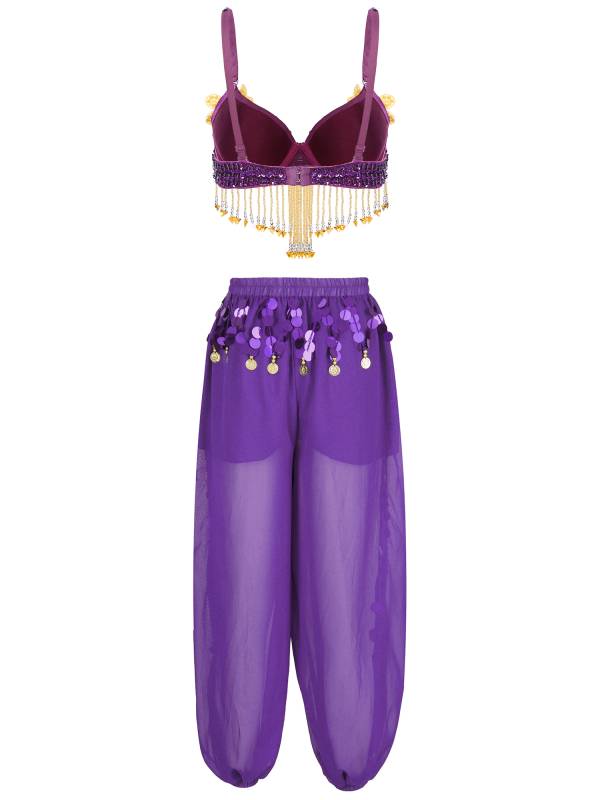 Women 2pcs Sequins Beaded Tassels Bra and Side Split Pants Belly Dance Set thumb