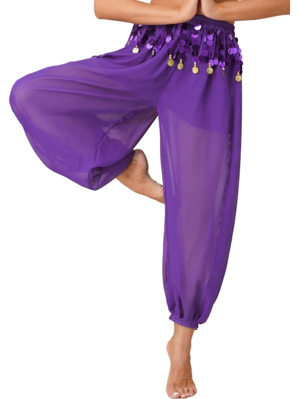 Women 2pcs Sequins Beaded Tassels Bra and Side Split Pants Belly Dance Set thumb