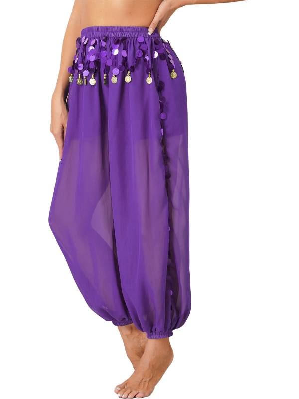 Women 2pcs Sequins Beaded Tassels Bra and Side Split Pants Belly Dance Set thumb