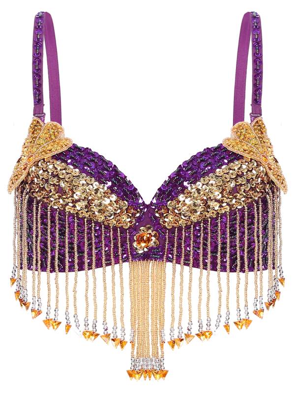 Women 2pcs Sequins Beaded Tassels Bra and Side Split Pants Belly Dance Set thumb