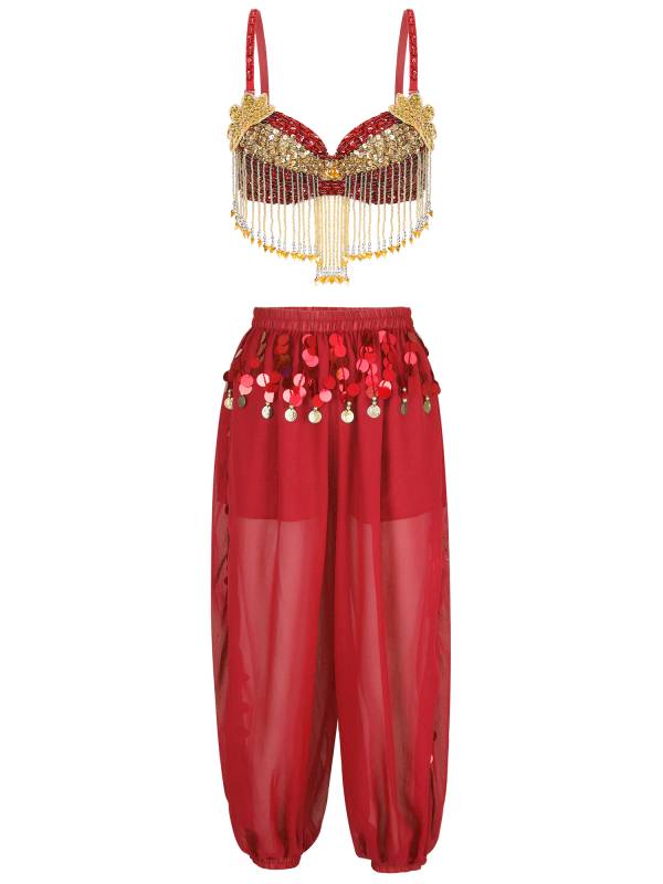 Women 2pcs Sequins Beaded Tassels Bra and Side Split Pants Belly Dance Set thumb