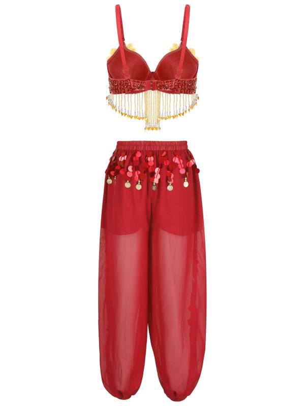 Women 2pcs Sequins Beaded Tassels Bra and Side Split Pants Belly Dance Set thumb