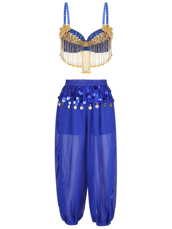 Women 2pcs Sequins Beaded Tassels Bra and Side Split Pants Belly Dance Set thumb