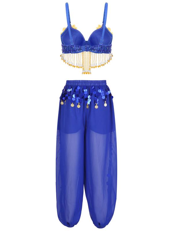 Women 2pcs Sequins Beaded Tassels Bra and Side Split Pants Belly Dance Set thumb