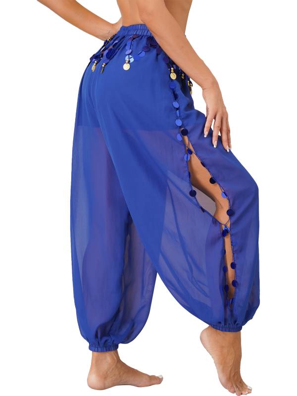 Women 2pcs Sequins Beaded Tassels Bra and Side Split Pants Belly Dance Set thumb
