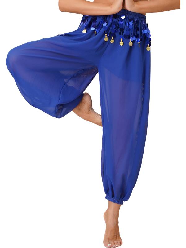 Women 2pcs Sequins Beaded Tassels Bra and Side Split Pants Belly Dance Set thumb