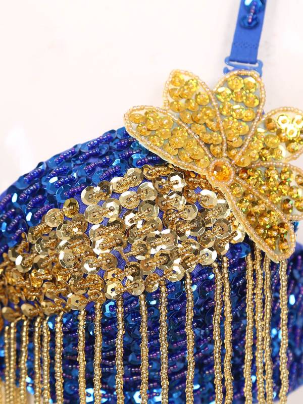 Women 2pcs Sequins Beaded Tassels Bra and Side Split Pants Belly Dance Set thumb