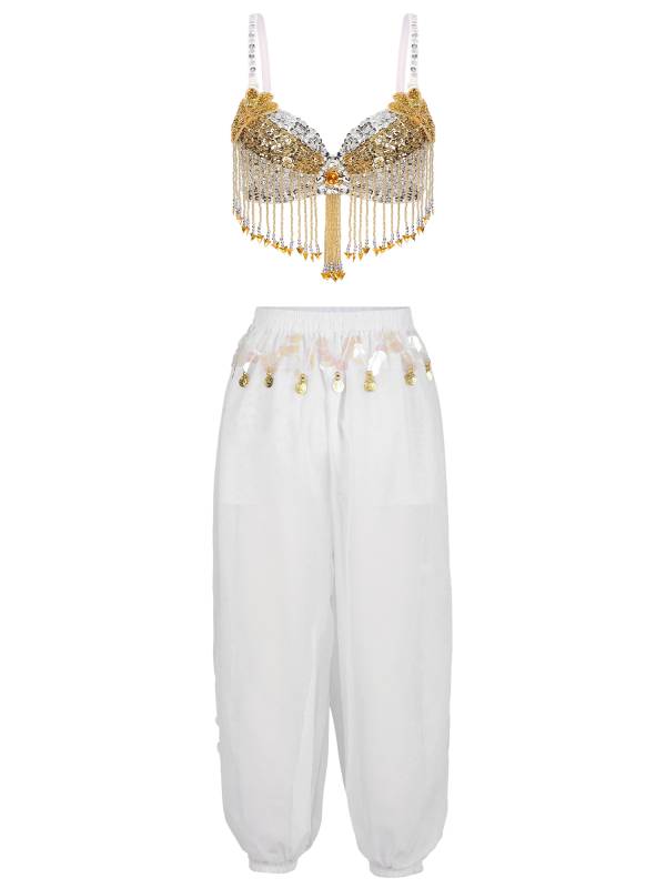 Women 2pcs Sequins Beaded Tassels Bra and Side Split Pants Belly Dance Set thumb