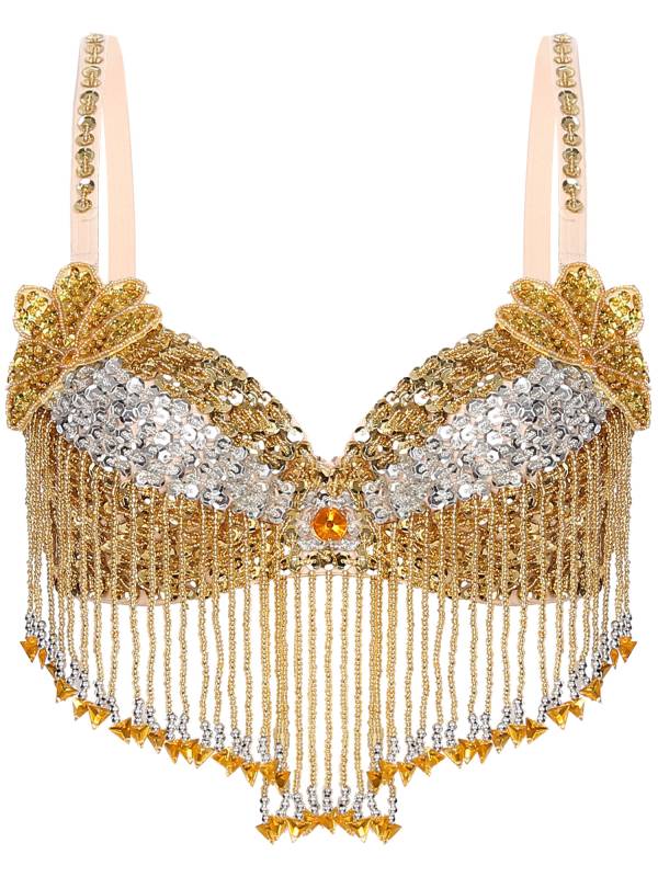 Women 2pcs Sequins Beaded Tassels Bra and Side Split Pants Belly Dance Set thumb