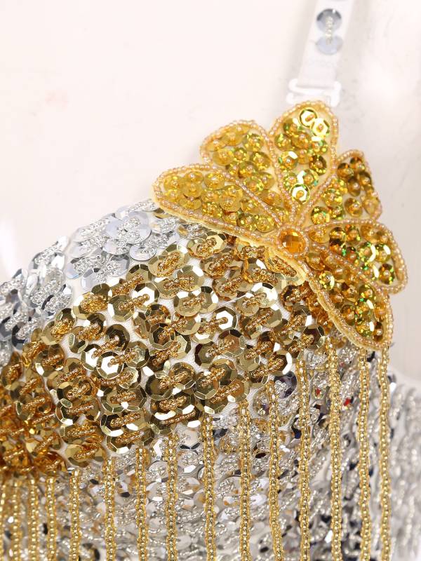 Women 2pcs Sequins Beaded Tassels Bra and Side Split Pants Belly Dance Set thumb