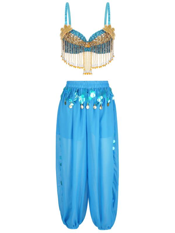 Women 2pcs Sequins Beaded Tassels Bra and Side Split Pants Belly Dance Set thumb