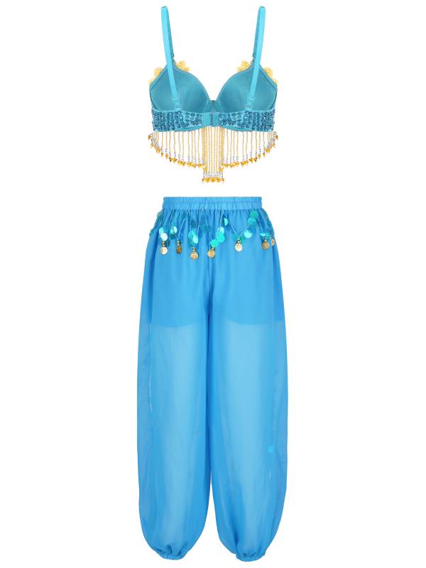 Women 2pcs Sequins Beaded Tassels Bra and Side Split Pants Belly Dance Set thumb