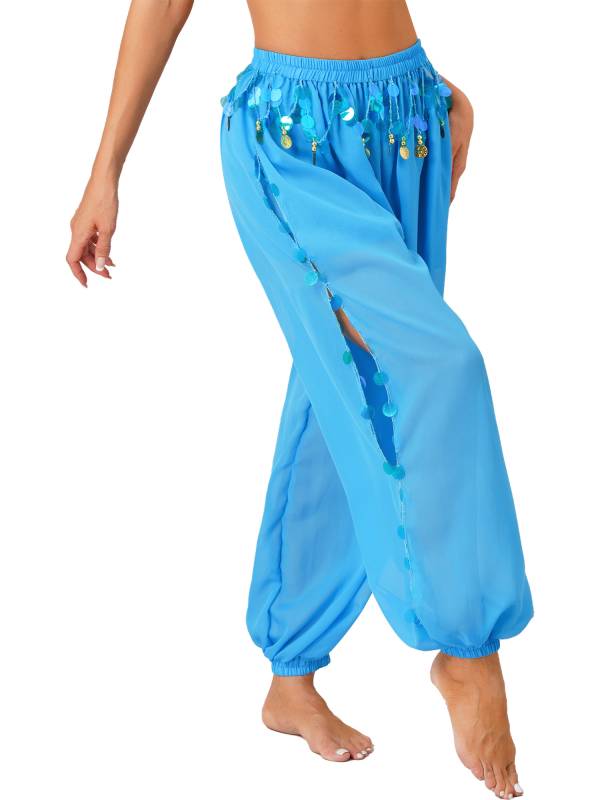 Women 2pcs Sequins Beaded Tassels Bra and Side Split Pants Belly Dance Set thumb