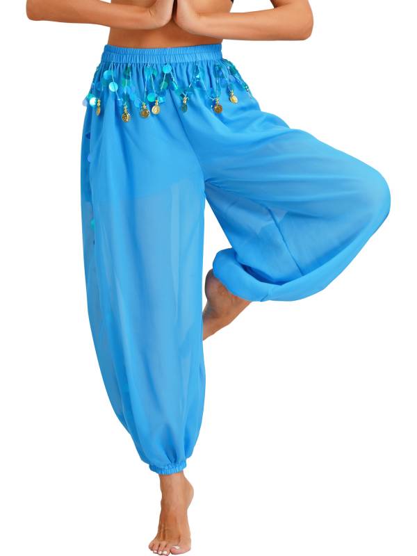 Women 2pcs Sequins Beaded Tassels Bra and Side Split Pants Belly Dance Set thumb