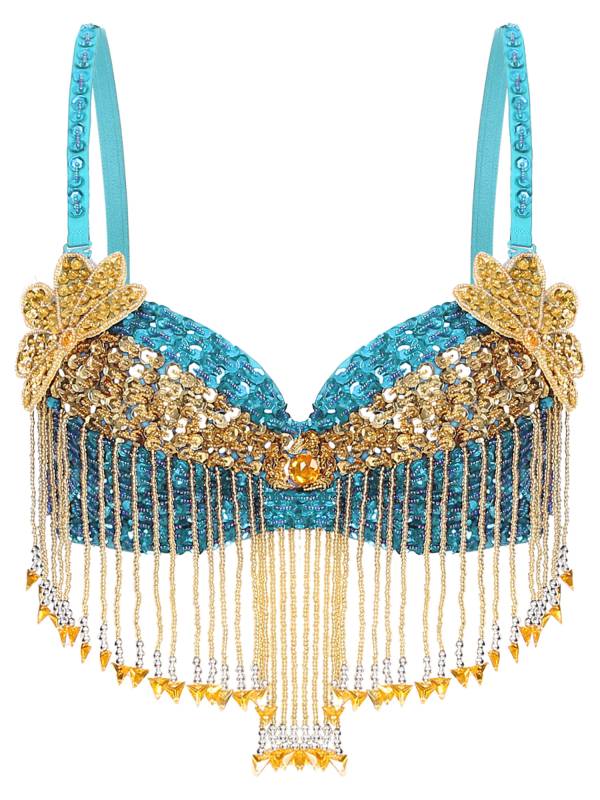 Women 2pcs Sequins Beaded Tassels Bra and Side Split Pants Belly Dance Set thumb