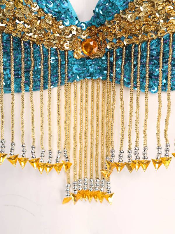 Women 2pcs Sequins Beaded Tassels Bra and Side Split Pants Belly Dance Set thumb