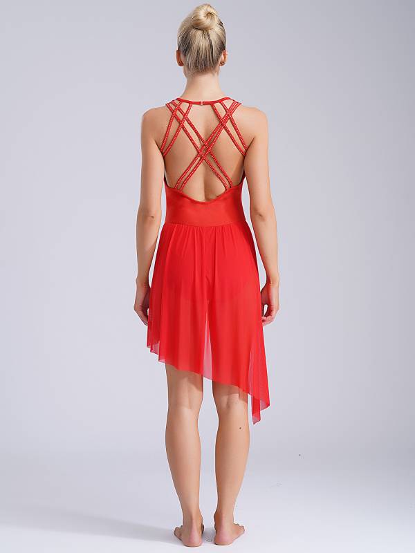 Women Sleeveless Crisscross Back Flower Adorned Asymmetric Lyrical Dance Dress thumb